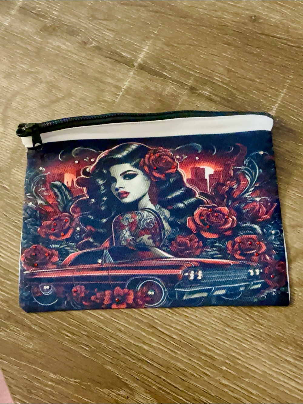 Floral Retro Cosmetic Pouch - Red & Black bling rhinestones New